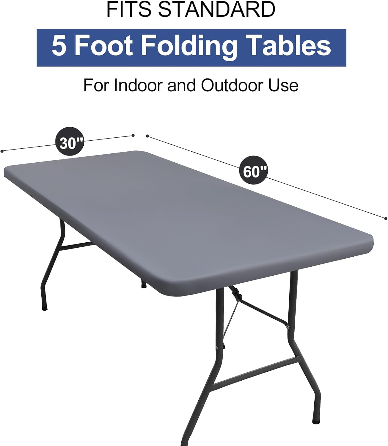 2 Pack Rectangle Table Cloth, Elastic Fitted Fabric Tablecloth Fits for 5 Foot Folding Tables, Washable Table Cover for Picnic, Camping, Indoor & Outdoor (Grey, 30" X 60")