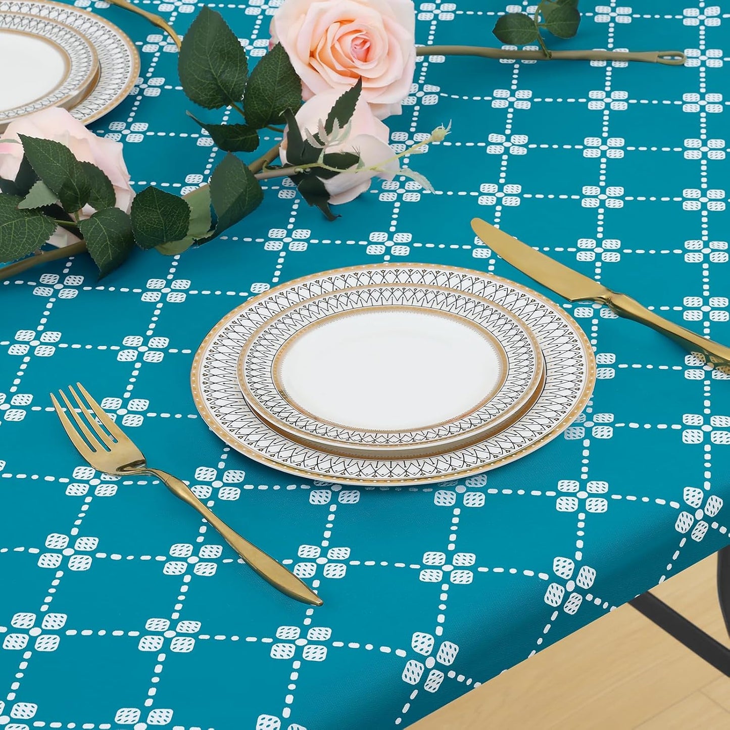 Rectangle Vinyl Table Cloth, Elastic Fitted Tablecloth with Flannel Backing, Waterproof Plastic Table Cover Fits 6 Foot Folding Tables for Camping, Indoor and Outdoor (Teal, 30" X 72")