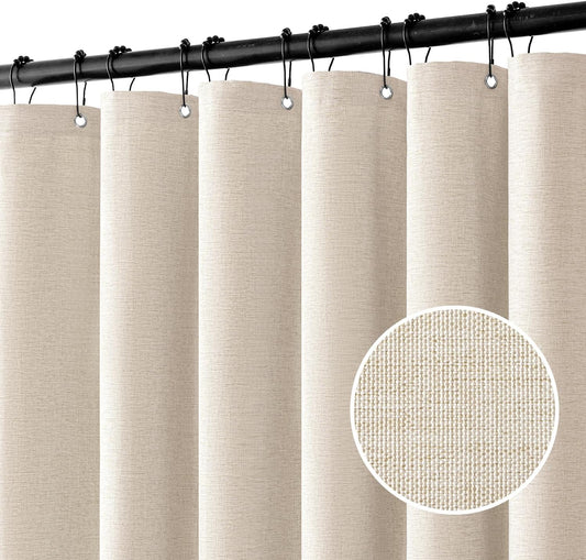 Linen Shower Curtain Set with 12 Metal Hooks - Modern Heavy-Duty Washable Beige Fabric, Waterproof and Durable, 72"x72", Cream