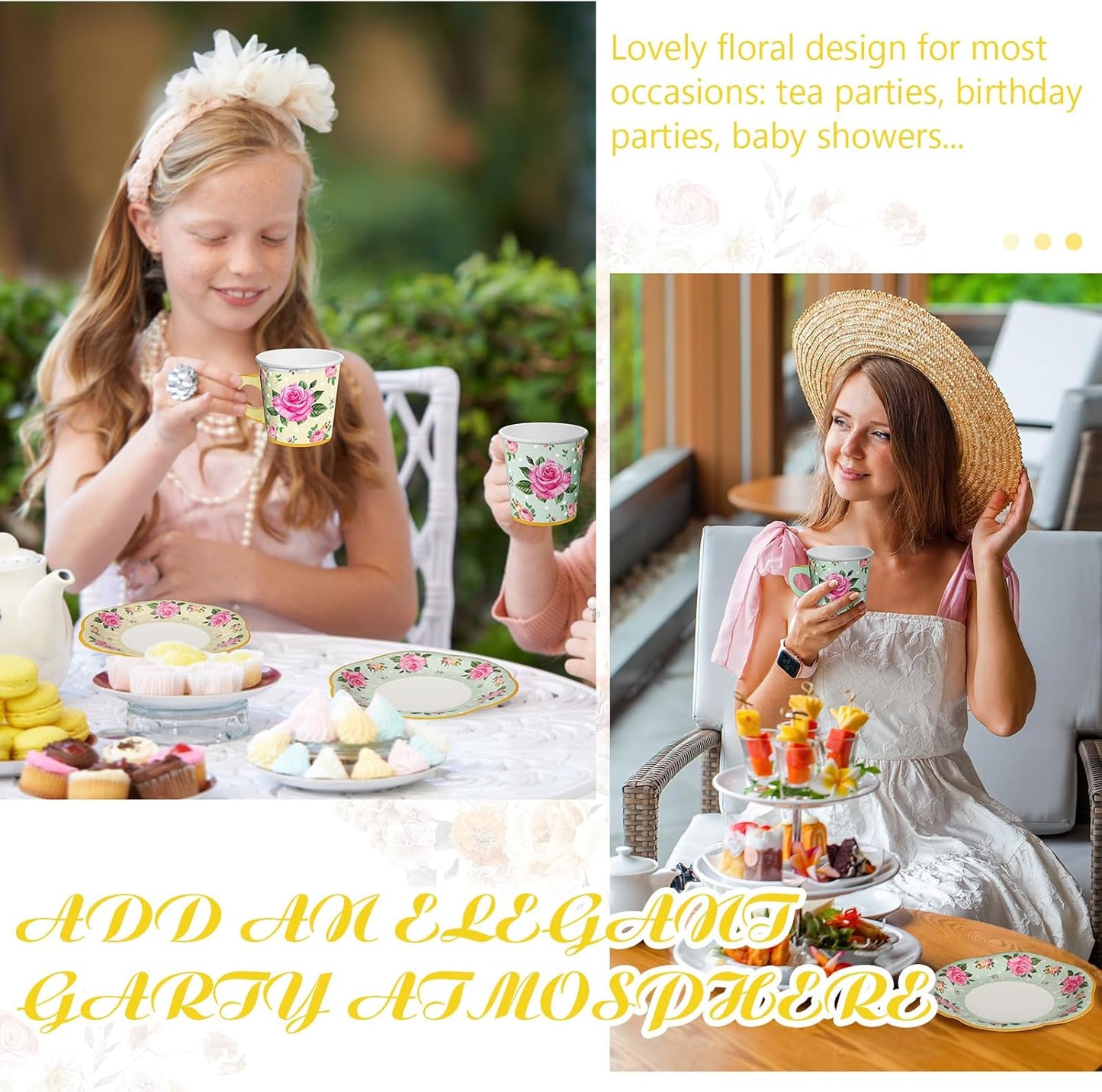 60 Sets of Floral Tea Party Decorations - Disposable Paper Tea Cups with Handles and Plates for Hot and Cold Beverages, Ideal for Birthdays (Yellow, Green, 6.5 Oz)
