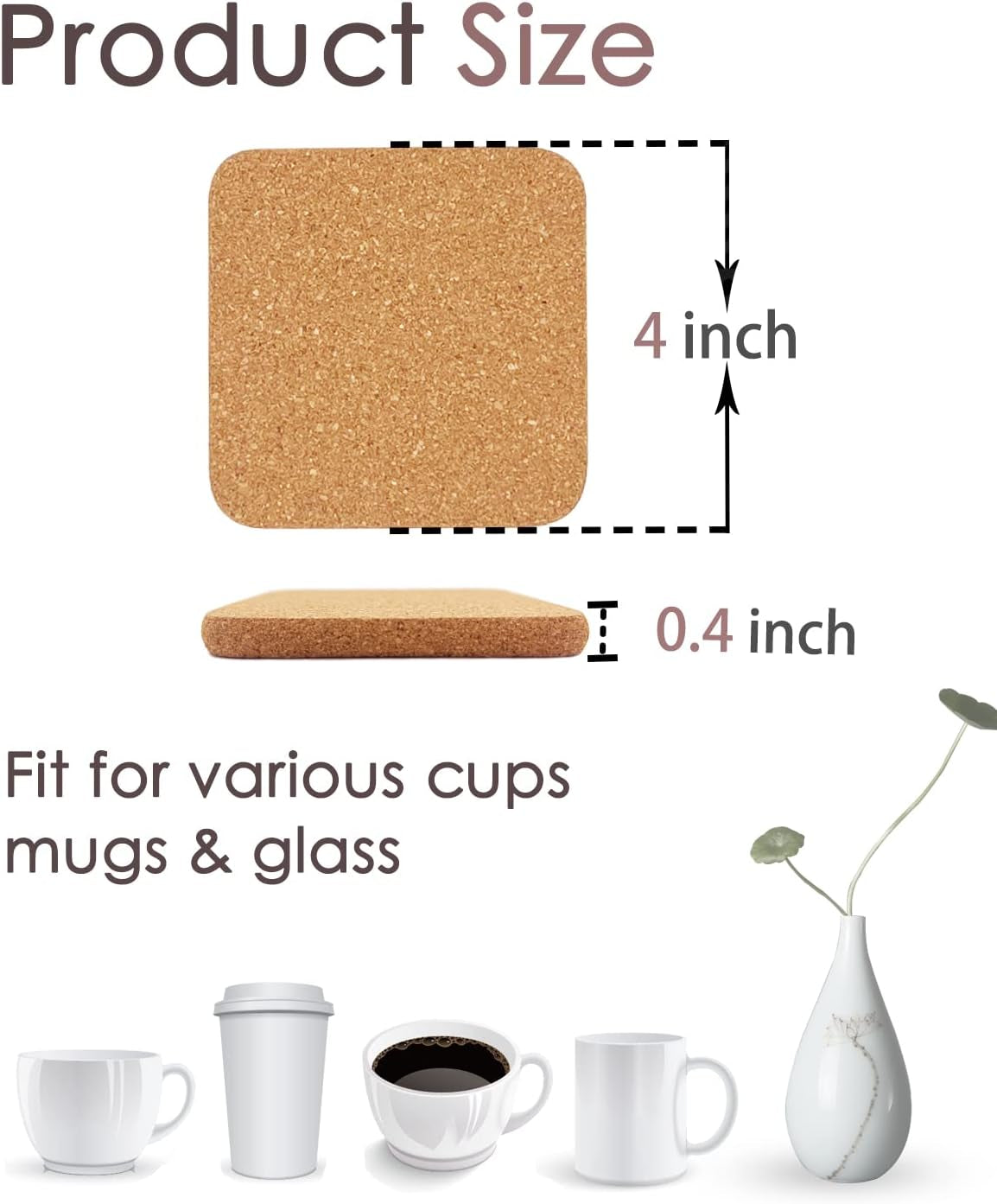 Cork Coasters for Drinks, 8 Pcs Square Extra Thick Absorbent Cork Coaster Sets, round Edge Drink Coaster, Cup Coasters for Kinds of Cups, Housewarming Gifts, Home Decor, 4 X 4 Inches