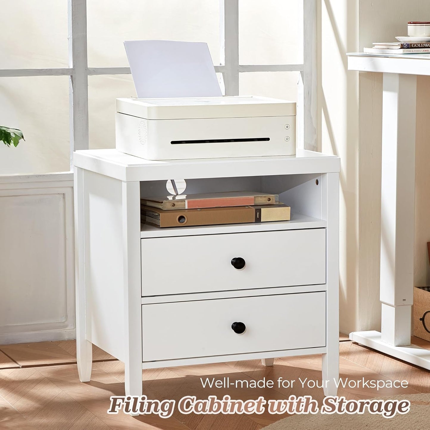 Set of 2 White Nightstands with Charging Station, Modern Bedside Tables featuring 2 Drawers and Metal Knobs, Ideal for Bedroom Use
