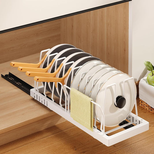 Pots and Pans Organizer under Cabinet, 21.6" Deep Pull Out Pot Lid Organizer Holder with Guardrail Adhesive Pot and Pan Holder Rack with 10 Adjustable Dividers-1 Pack(White)