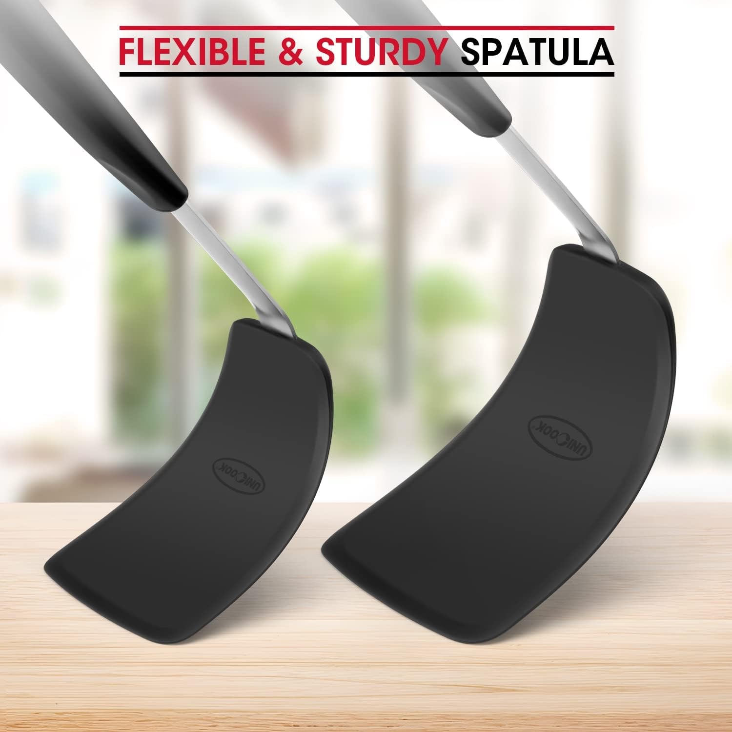 2 Pack Flexible Silicone Spatula, Turner, 600F Heat Resistant, Ideal for Flipping Eggs, Burgers, Crepes and More, Black
