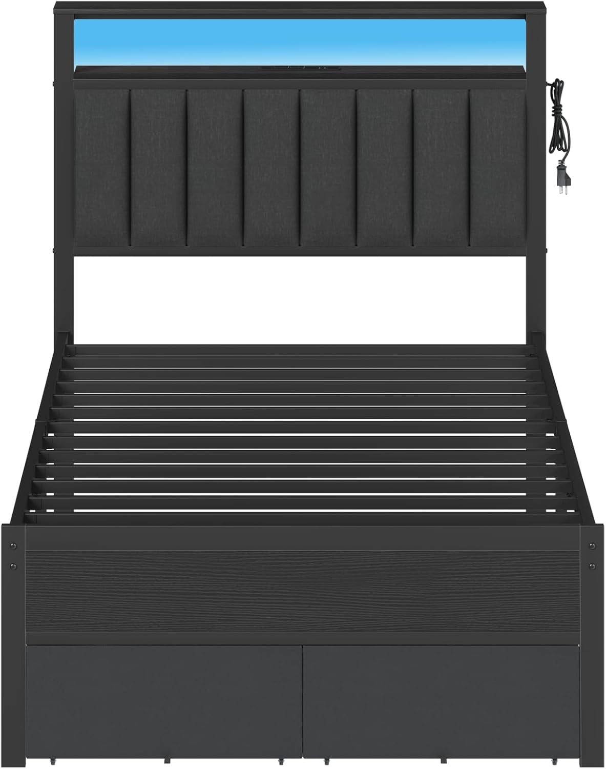 Twin Bed Frame with Integrated Charging Station and LED Lighting, Grey Upholstered Headboard with Shelving, Metal Platform Design featuring Under-Bed Storage Drawers on Wheels, No Box Spring Required