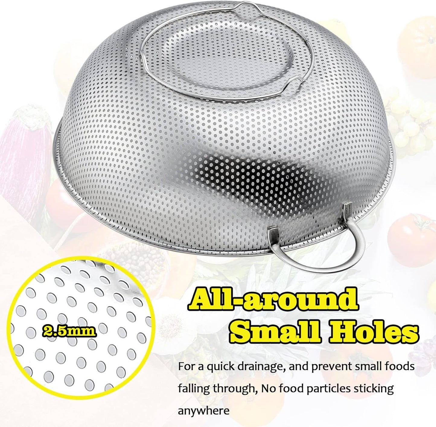 Stainless Steel Colander, Micro-Perforated Food Strainer with Handle for Washing Draining, Great for Pasta Fruits Vegetables, Dishwasher Safe & Healthy, 1 +3 Qt, 2Pcs