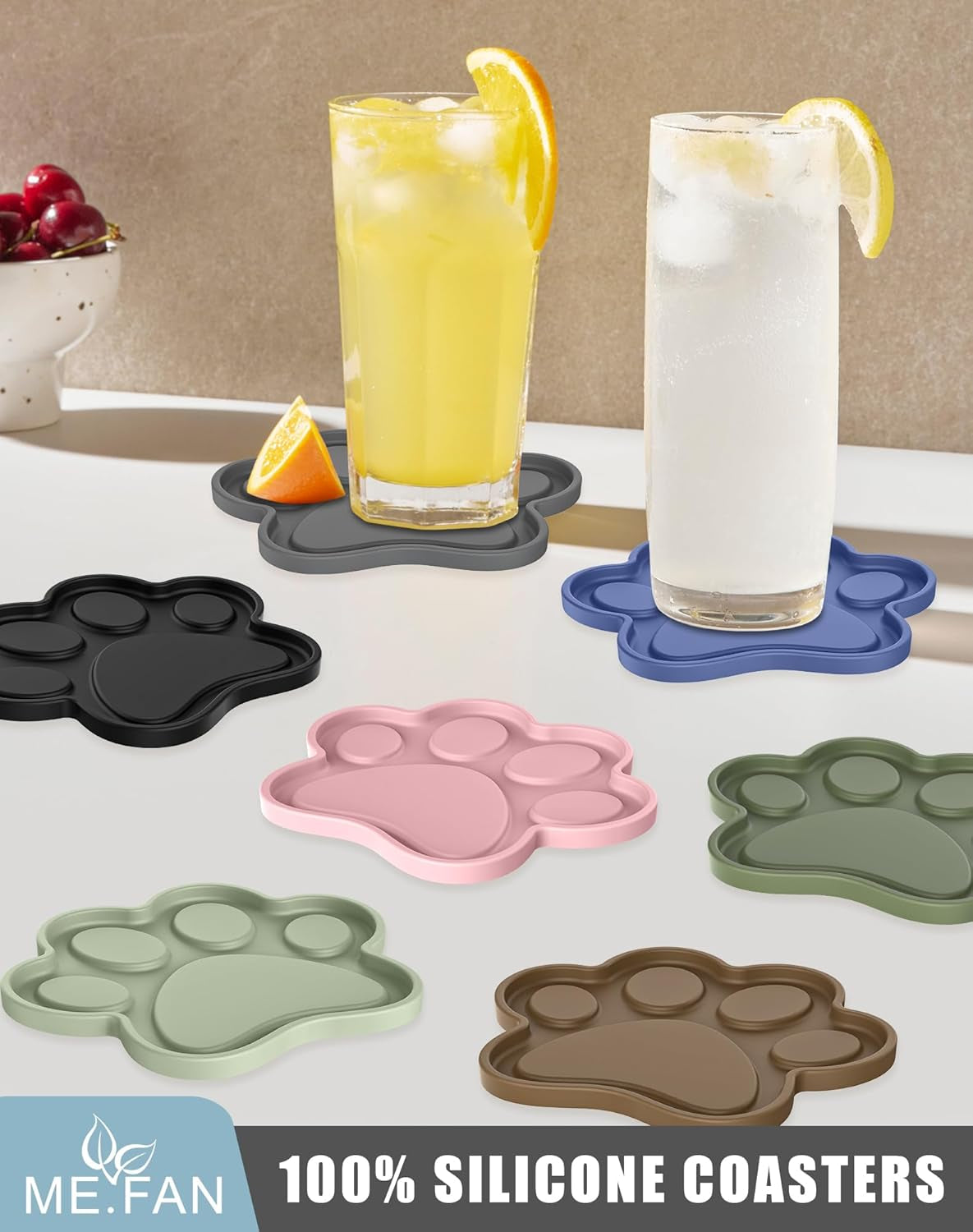 Silicone Coasters 6 Pack Paw Cup Mat with Holder, Dog Cat Paw Shape, for Hot or Cold Drink, Non-Slip, Non-Stick, Room Decor, Housewarming Black