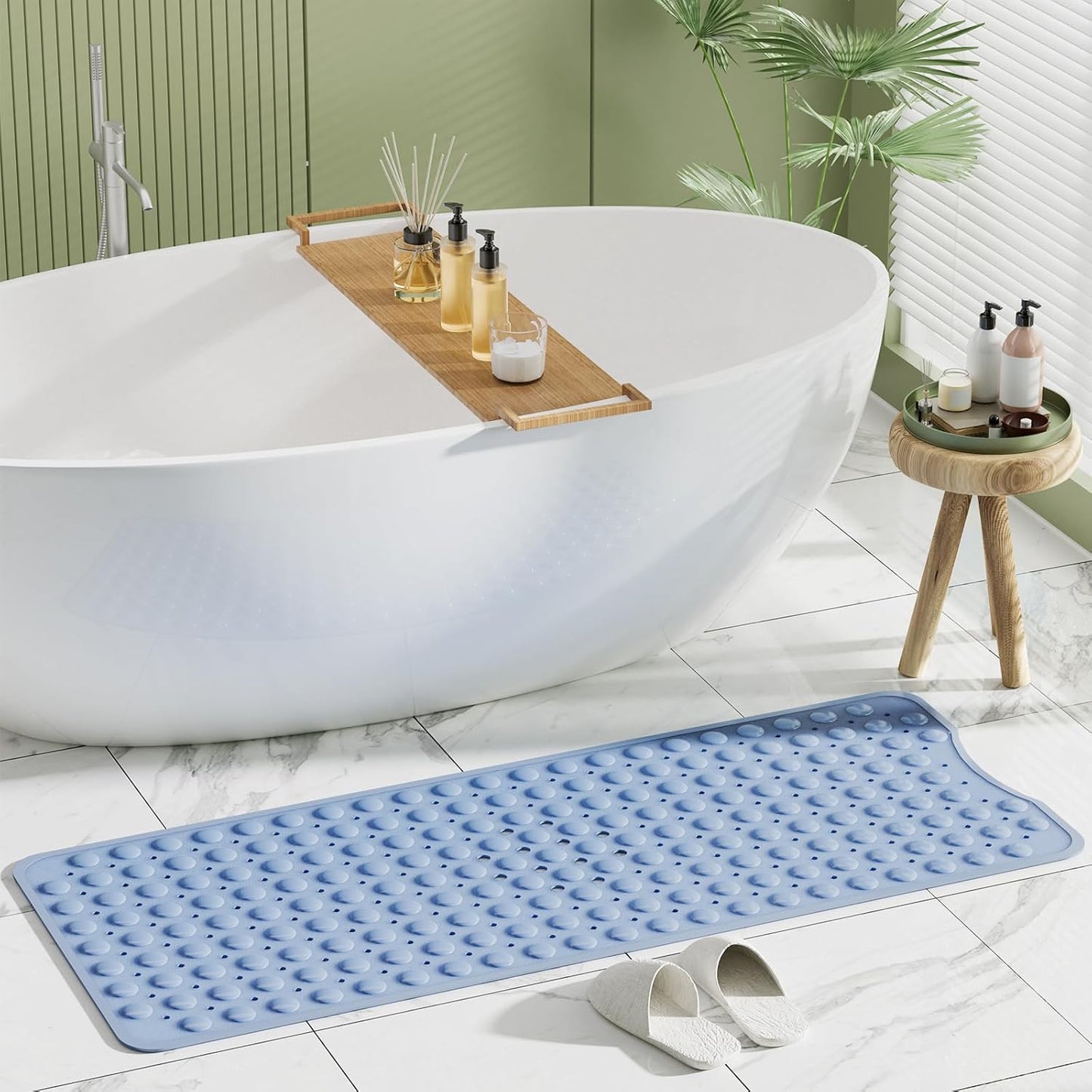 Shower Mat Non Slip 40 X 16 Inches, Shower Stall Mats with Suction Cups and Drain Holes, Non Slip Bath Mat for Tub for Elderly & Kids, Baby Blue