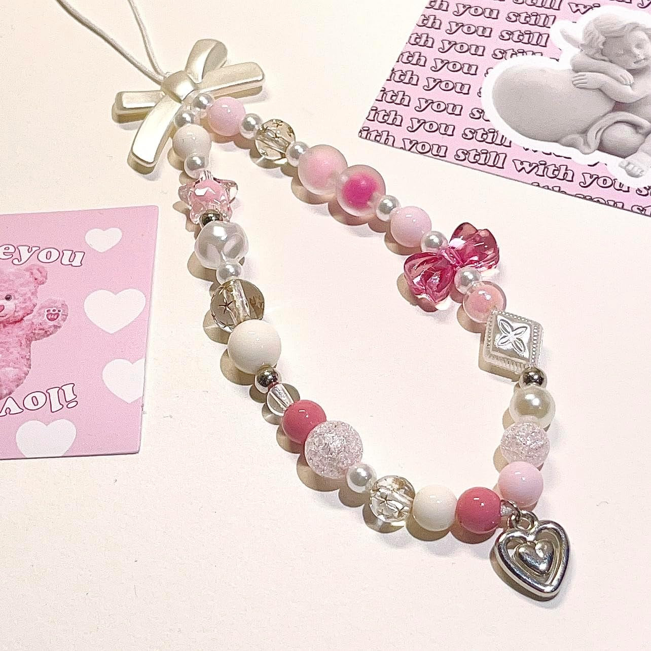 Pink Beaded Phone Charm Aesthetic Y2K Cell Phone Charms Strap Accessories for Keychain Camera
