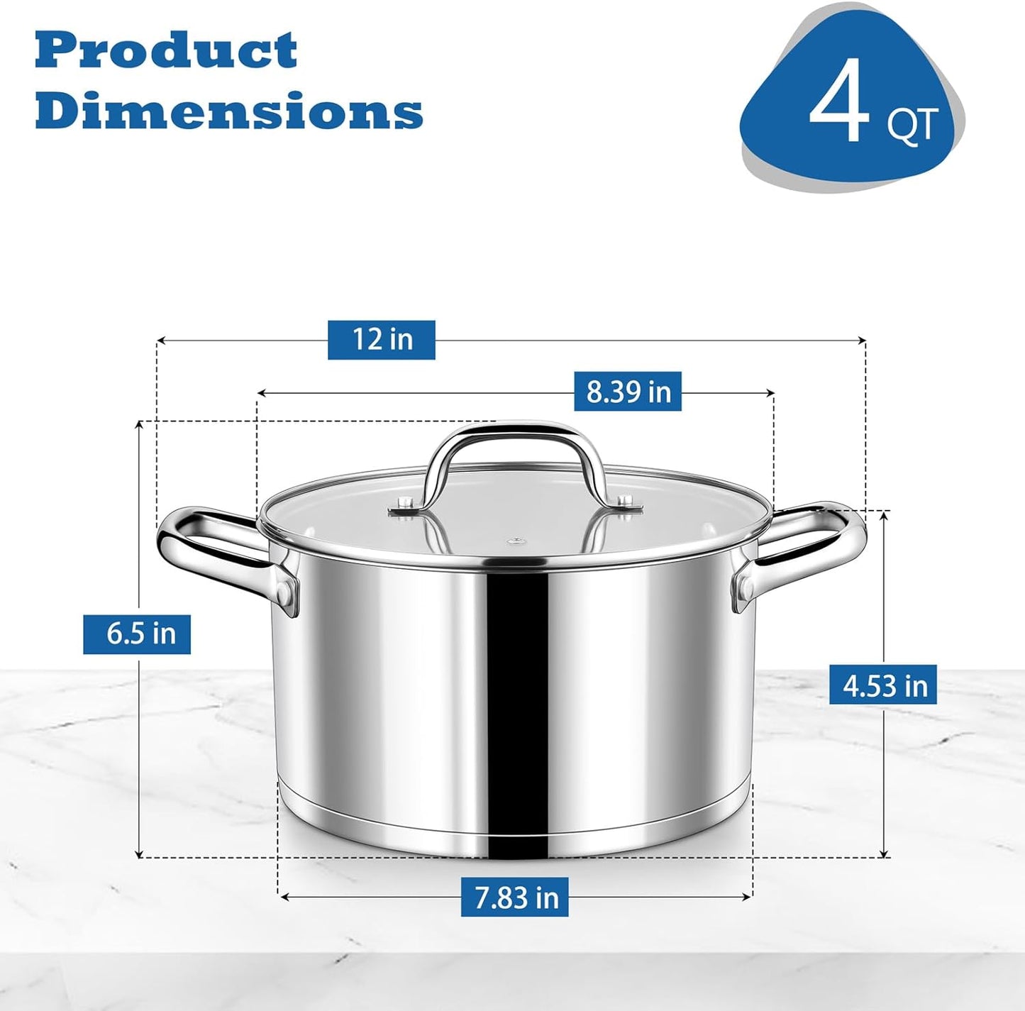 4 Quarts Cooking Stock Pot with Lid, Stainless Steel Stockpot Induction Pot for Soup, Tri-Ply Bottom & Clear Glass Lid & Double Handle, Dishwasher Safe