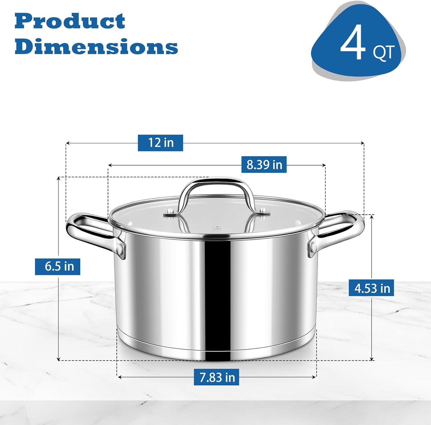4 Quarts Cooking Stock Pot with Lid, Stainless Steel Stockpot Induction Pot for Soup, Tri-Ply Bottom & Clear Glass Lid & Double Handle, Dishwasher Safe