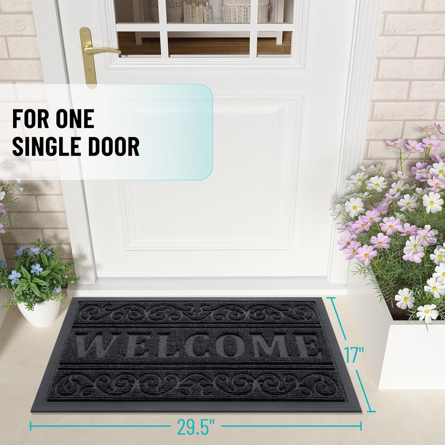 Welcome Door Mat Indoor Outdoor Entrance, Heavy Duty Sturdy Front Door Mat, Waterproof All-Weather Doormat, Stain Resistant, Low Profile, Easy Clean Patio Entryway Mat, 29.5 X 17, Black