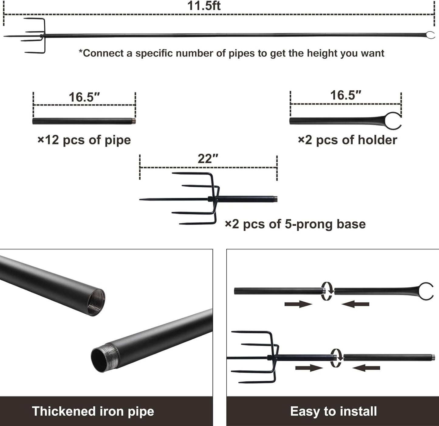 2-Pack Heavy-Duty 10-Foot Adjustable Outdoor Metal String Light Poles for LED Lighting - Ideal for Gardens, Backyards, Weddings, and Parties