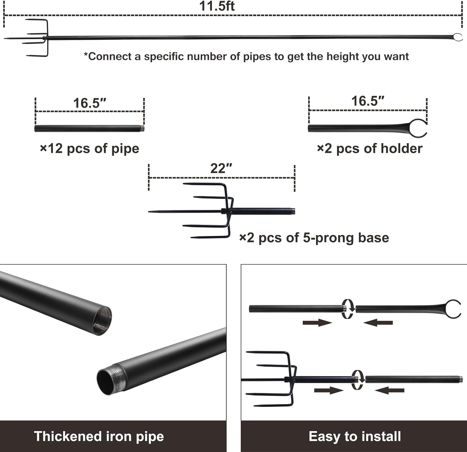2-Pack Heavy-Duty 10-Foot Adjustable Outdoor Metal String Light Poles for LED Lighting - Ideal for Gardens, Backyards, Weddings, and Parties