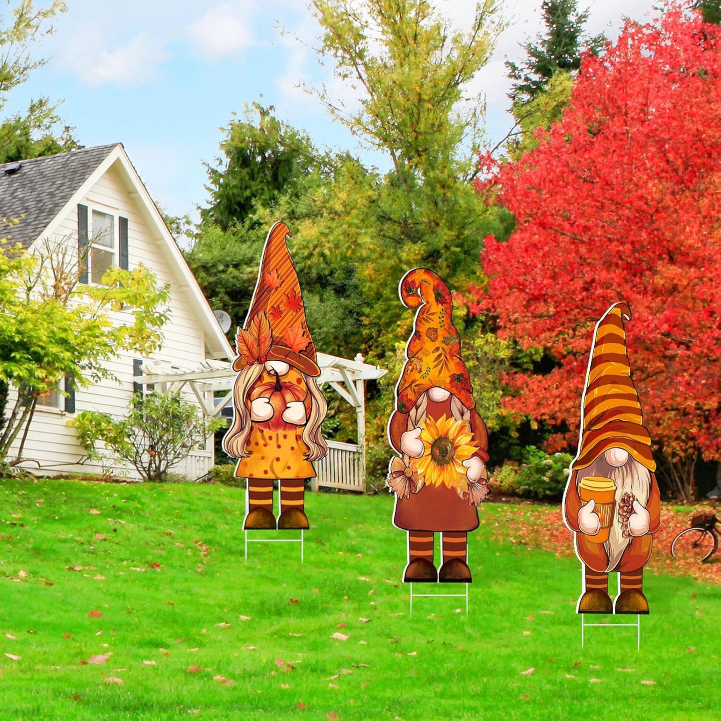Set of 3 Autumn Gnome Yard Signs with Stakes - 32 x 10 Inches Outdoor Fall Garden Decor for Home Pathways and Walkways (Pumpkin Design)