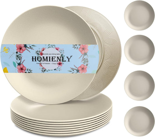 Wheat Straw Dinner Plate Set of 8 - Eco-Friendly, Microwave and Dishwasher Safe, Durable and Unbreakable - Perfect for Kitchen, Camping, Salads, and Appetizers (Beige, 10 Inch)