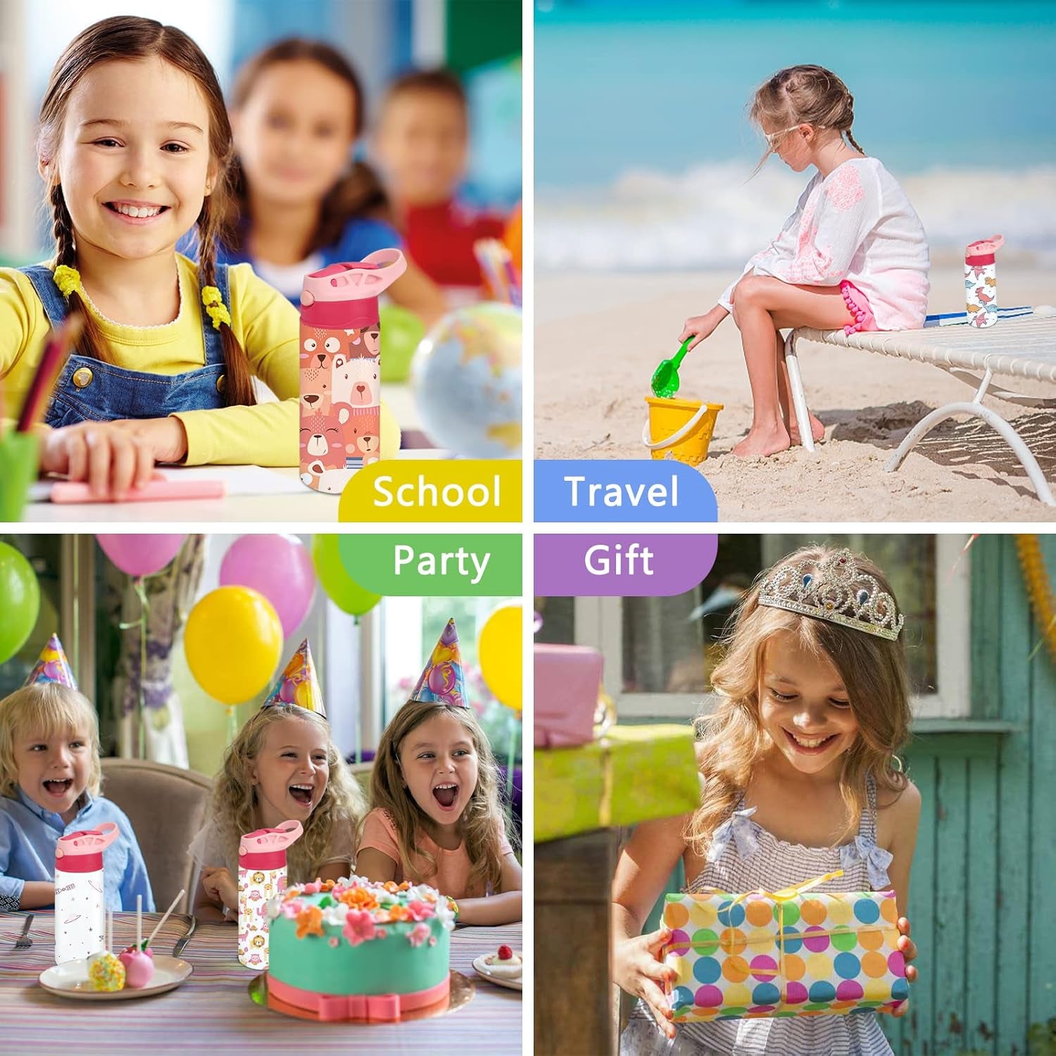 Kids Sublimation Tumbler,12Oz Sublimation Water Bottle Blanks,Straight Stainless Steel Todder Sippy Cup,Double Wall Insulated Sippy Tumbler with Handle,Shrink Films,Leak Proof (Pink)