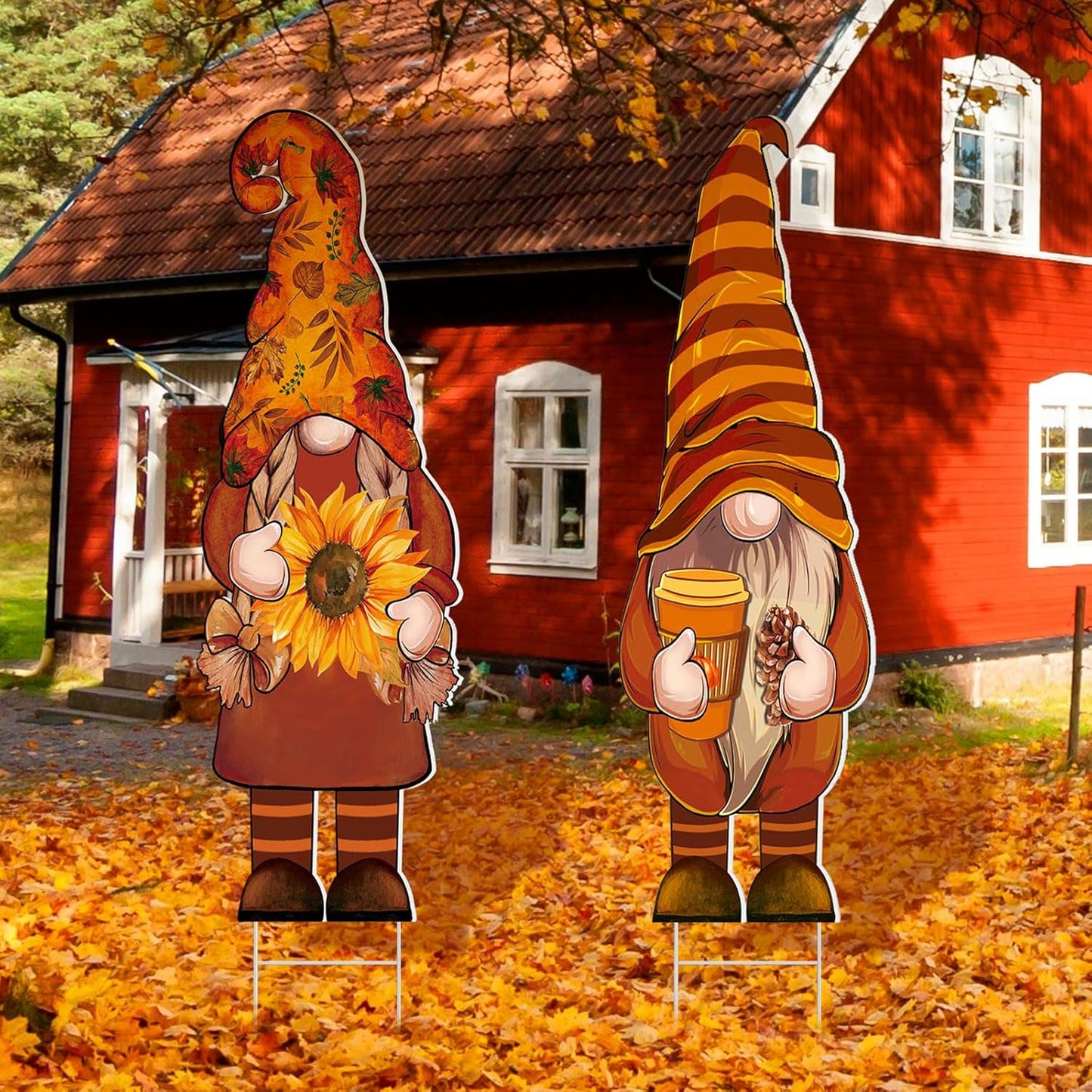 Set of 3 Autumn Gnome Yard Signs with Stakes - 32 x 10 Inches Outdoor Fall Garden Decor for Home Pathways and Walkways (Pumpkin Design)