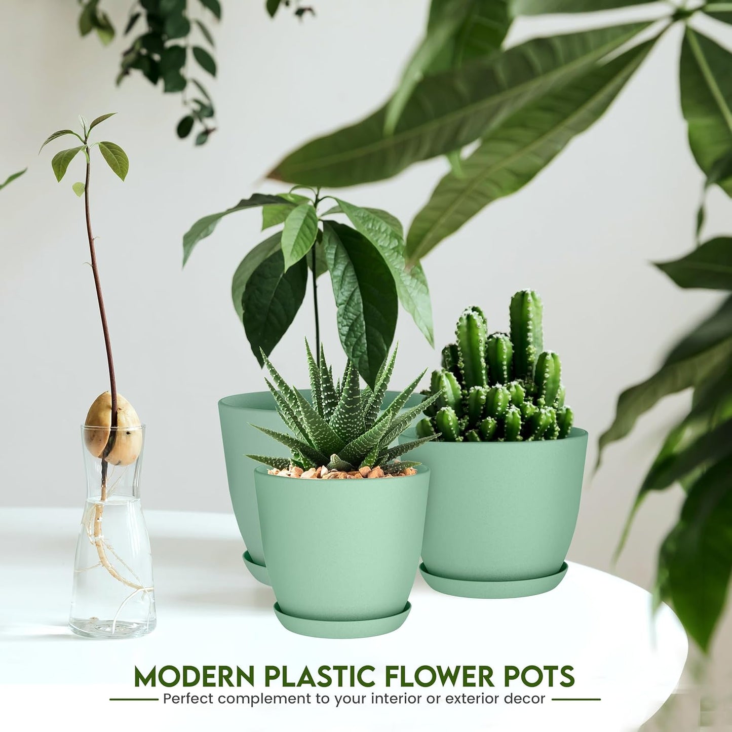 - Plant Pots Indoor with Drainage - 7/6.6/6/5.3/4.8 Inches Home Decor Flower Pots for Indoor Planter - Pack of 5 Plastic Planters for Indoor Plants, Cactus, Succulents Pot - Mint