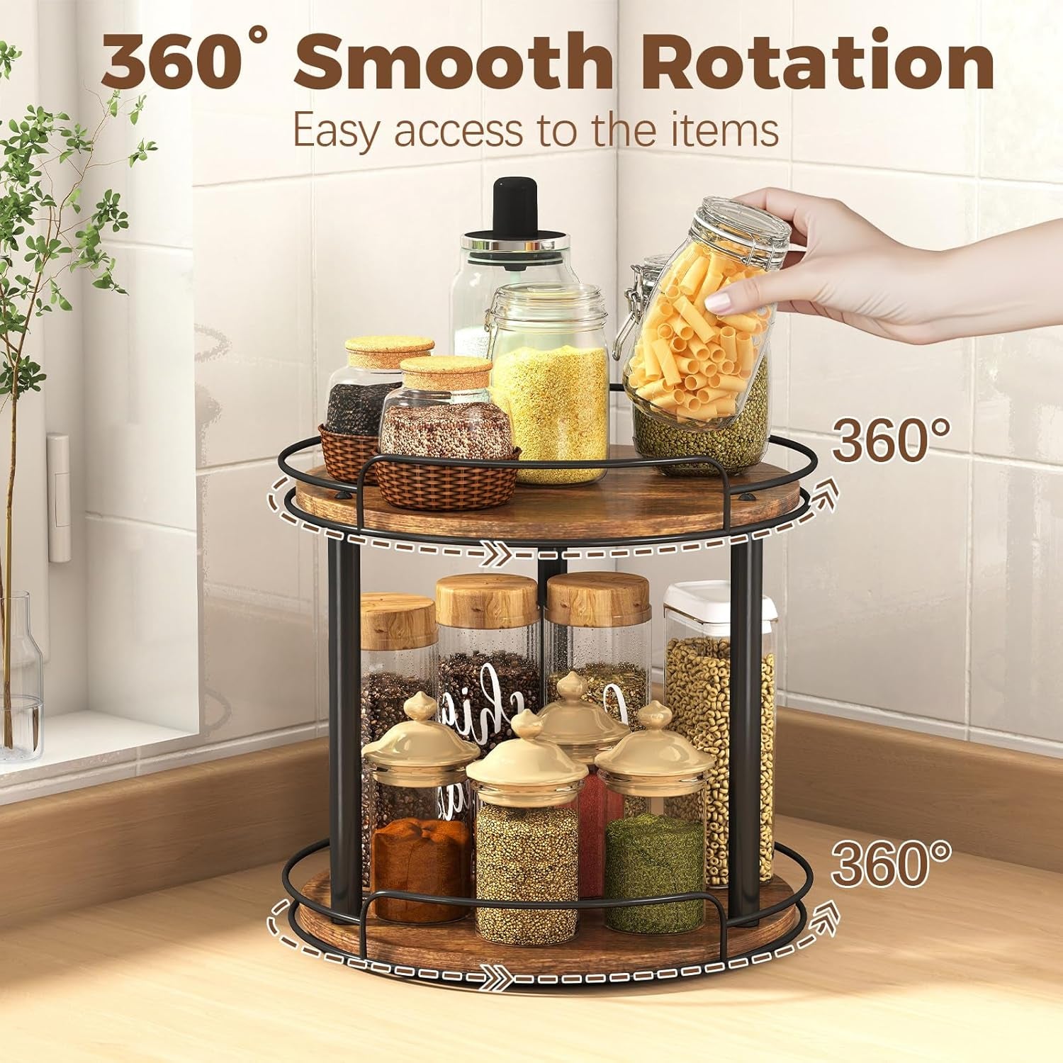 10.2'' Wood Lazy Susan Turntable Organizer for Cabinet, 2 Tier Lazy Susan Spice Rack Organizer for Kitchen, Table Top, Countertop, Pantry, Medicine Organizer