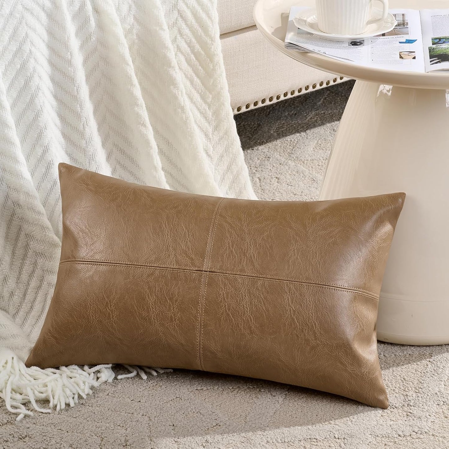 2 Packs Tan Boho Lumbar Faux Leather Decorative Throw Pillow Covers 12X20 Inch for Couch Bed Sofa, Cross Patchwork Textured Rectangle Beige Cushion Case, Western Modern Farmhouse Home Decor