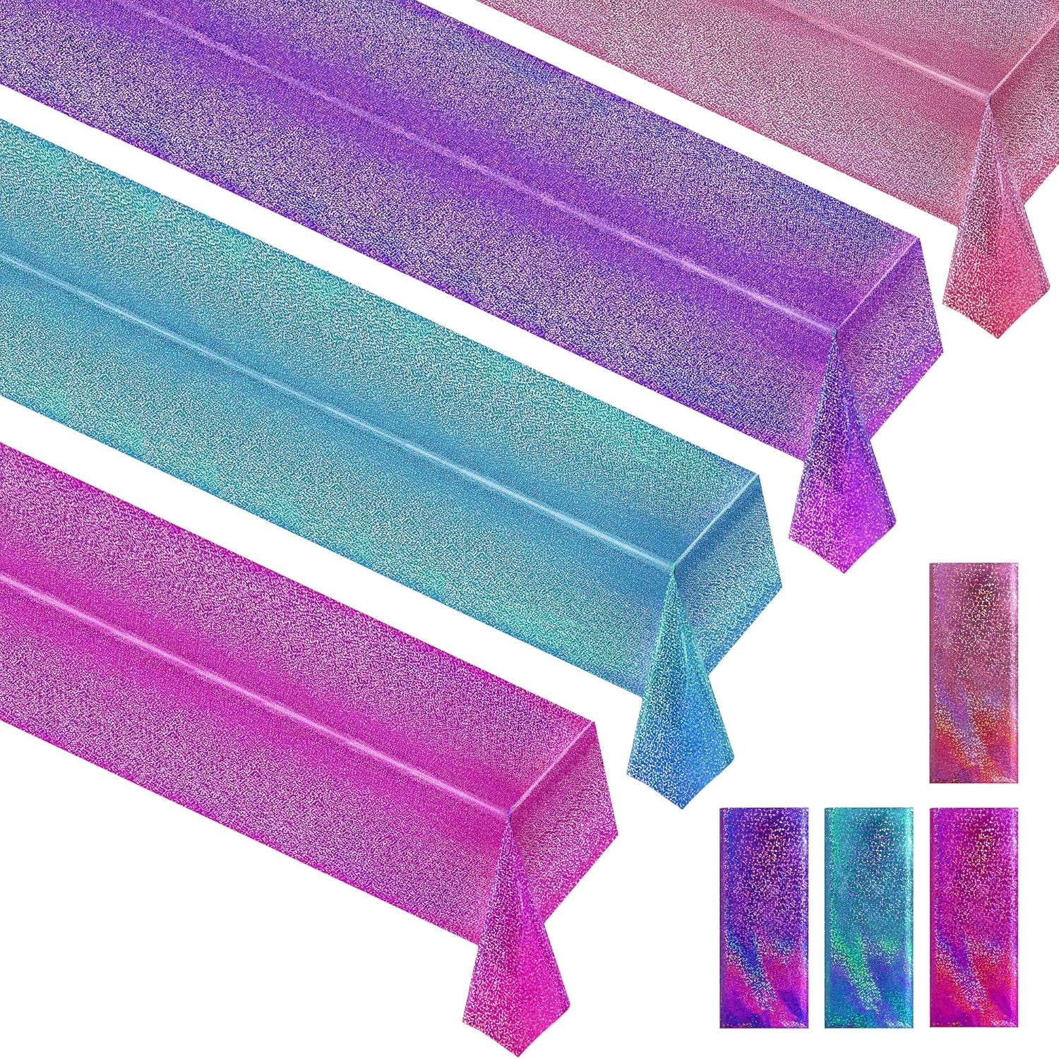 Holographic Tablecloth in Pink, Purple, Blue, and Fuchsia Red - 40" x 108" - Iridescent Plastic Table Decor for Valentine's Day, Birthday Parties, Halloween, and Bachelorette Celebrations
