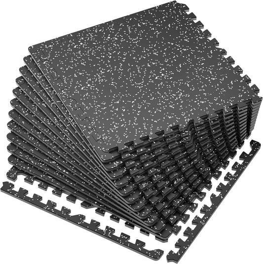 12-Piece Set of 0.56-Inch Thick High-Density EVA Foam Exercise Mats with Rubber Top, 48 Sq Ft Interlocking Gym Flooring for Home Use, Protective Workout Mat in Black/Grey