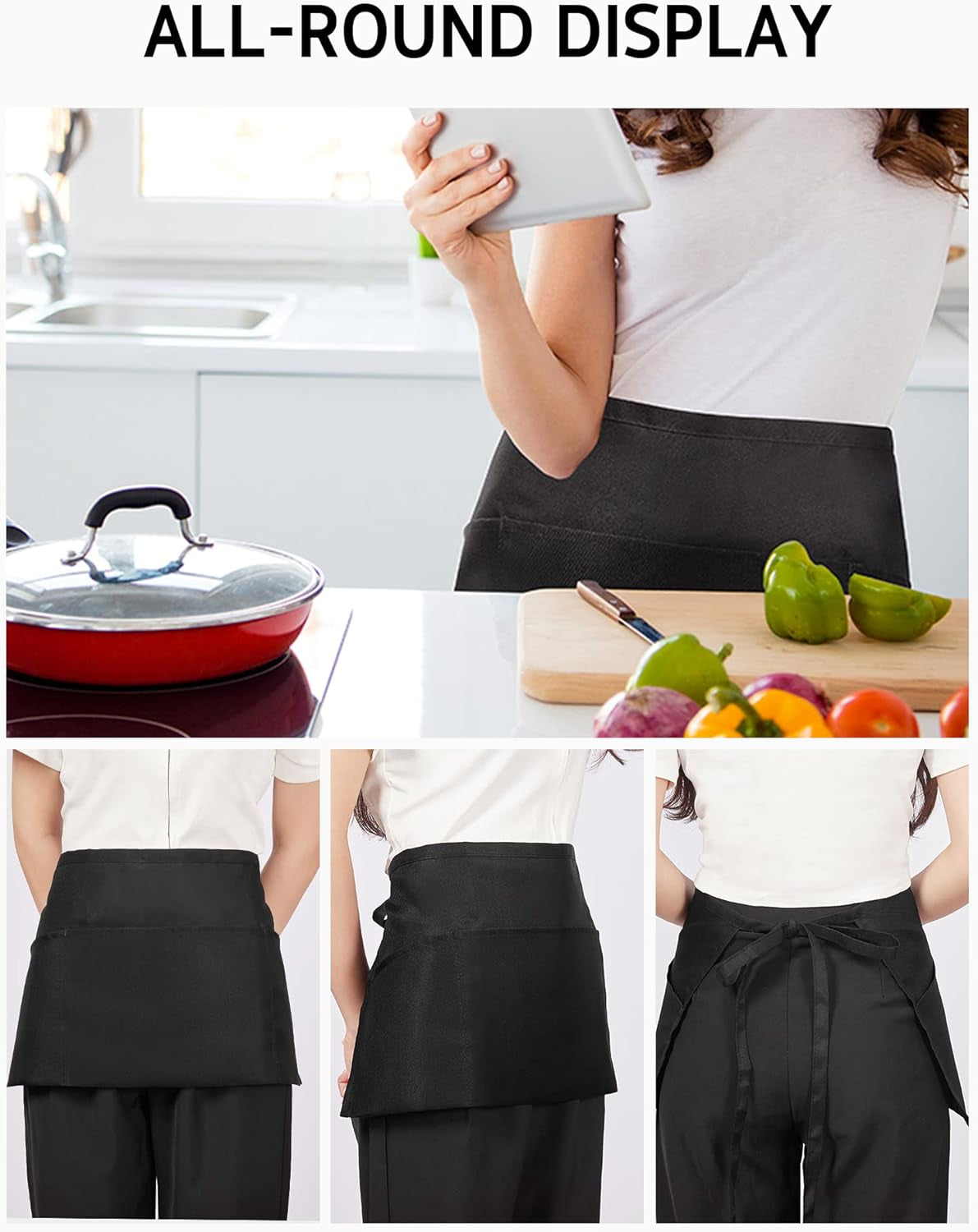 1 Pack Server Aprons with 3 Pockets, Waterdrop Resistant Waitress Waiter Waist Apron, 11.5-Inch Black