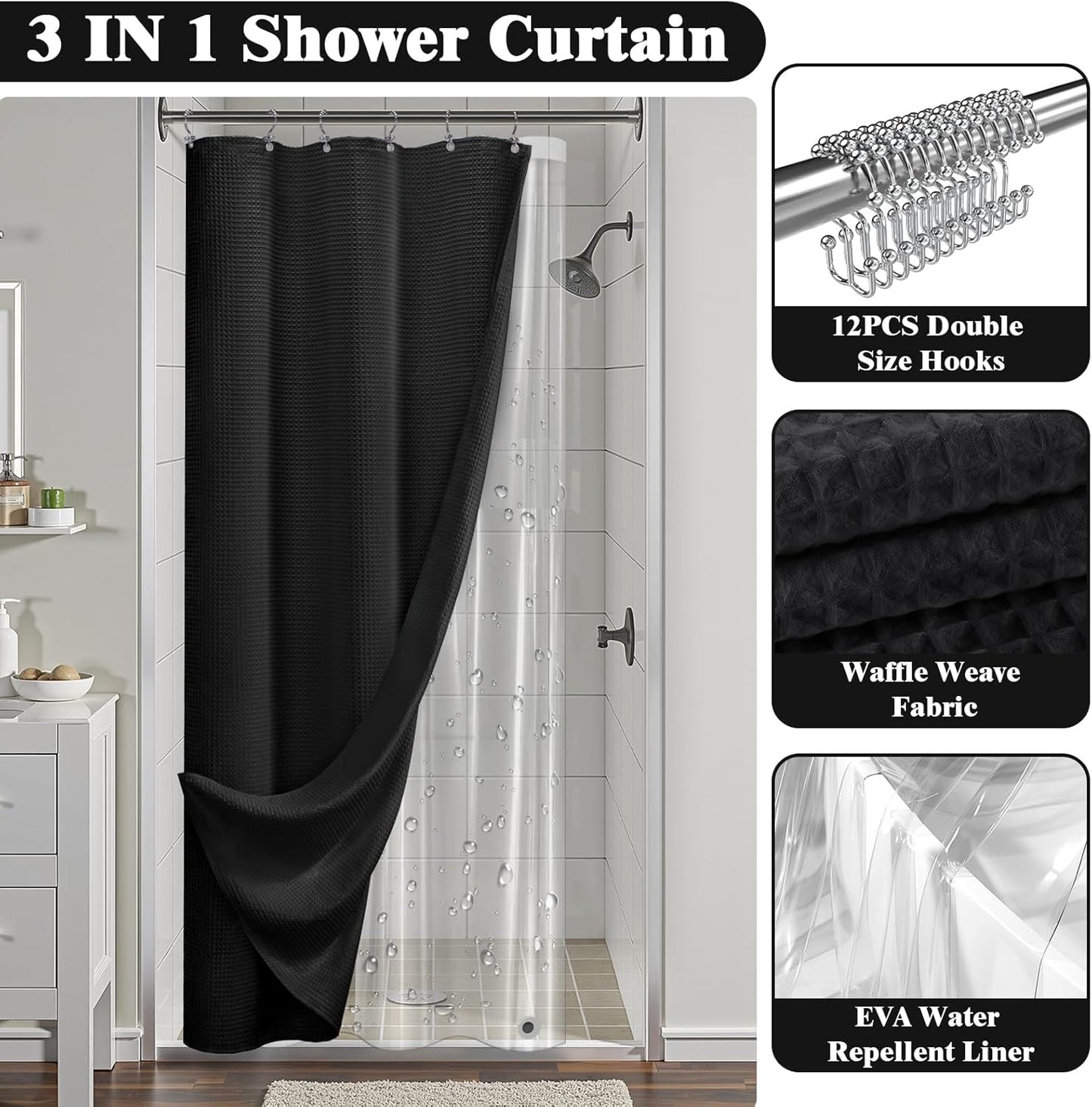 Waffle Shower Curtain and Liner Set, 3 in 1 Shower Curtain Set with Waterproof EVA Liner and Double Sided Hooks for Bathroom Black,36W X72L