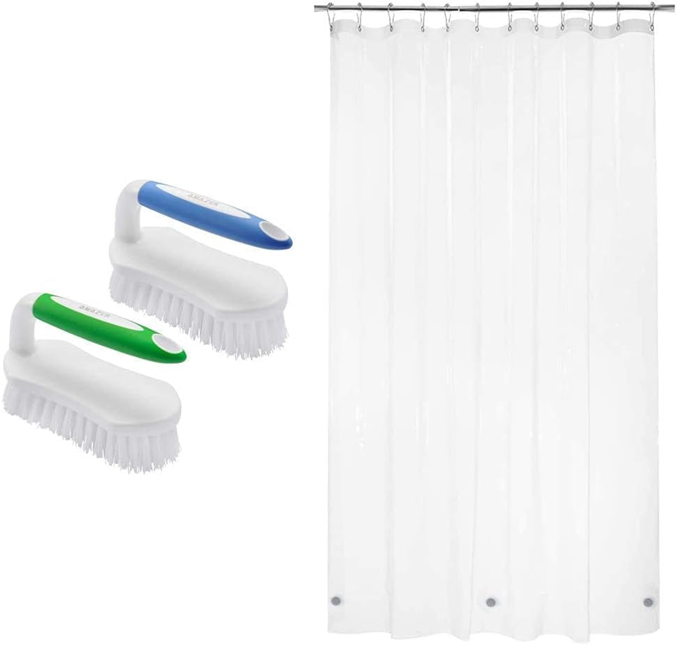 Scrub Brush Comfort Grip & Flexible Stiff Bristles and 72X72 Inches PEVA 3G Shower Curtain Liner