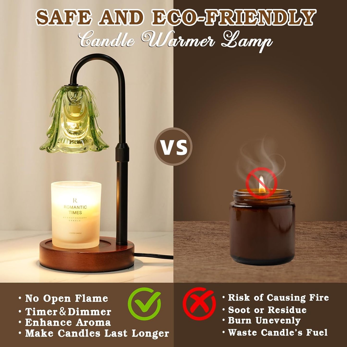 Small Candle Warmer Lamp with Timer, Adjustable Green Lamp Warmer for Jar Candles, Unique Women Gifts for Birthday, Dimmable Candle Heater, House Warming Gifts, Cute Wax Warming Light with Wood Base