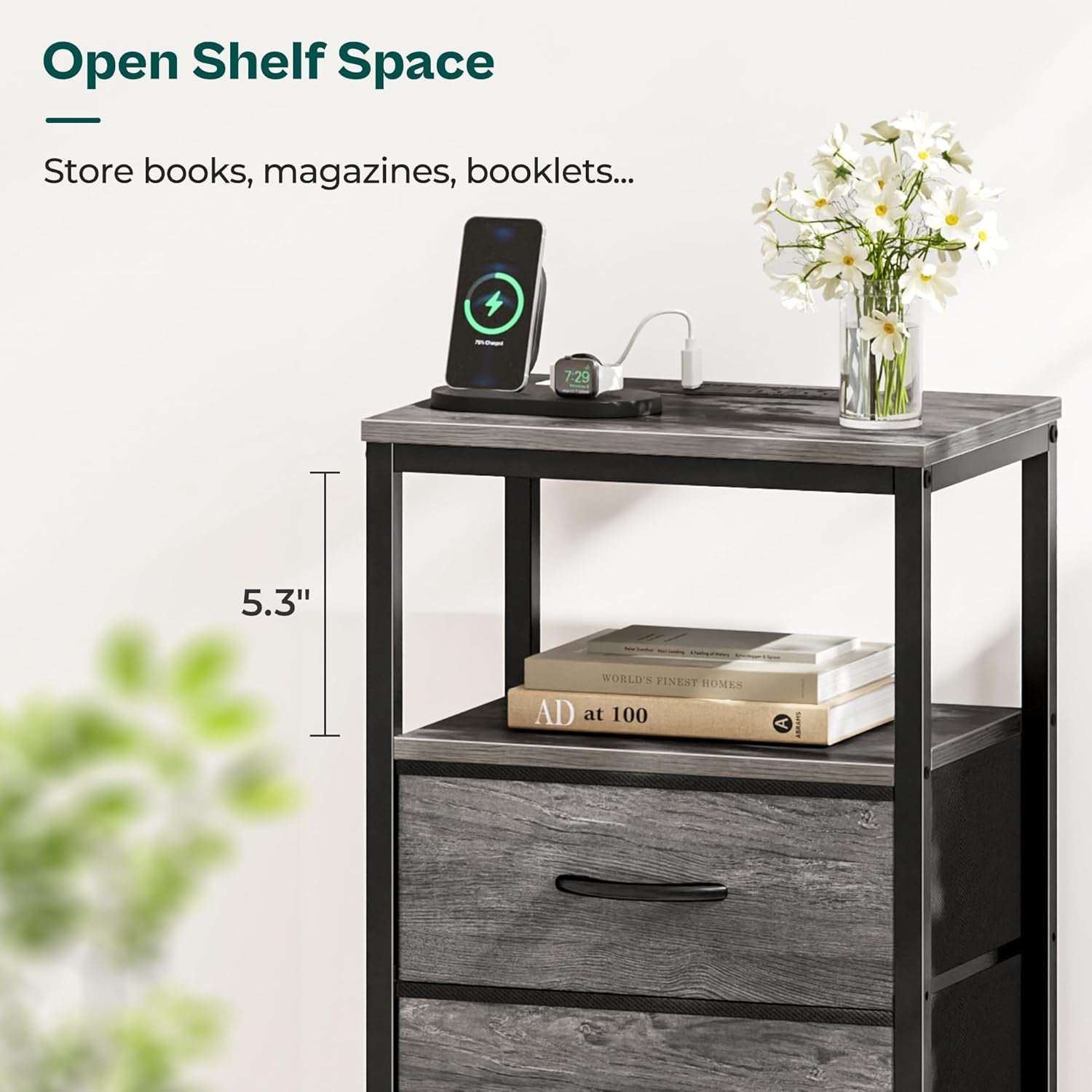 27.6-Inch Nightstand with Integrated Charging Station, End Table with USB Ports and Outlets, Bedroom Night Stand Featuring Fabric Drawers in Grey