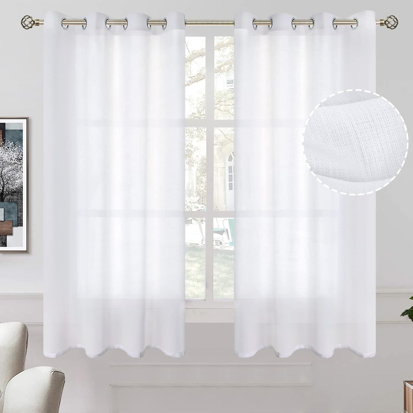 White Sheer Curtains 63 Inch Length 2 Panels for Bedroom, Light Filtering Linen Semi Sheer Privacy Curtains Grommet Opaque Textured Casual Drapes for Living Room, 52 X 63 Inch