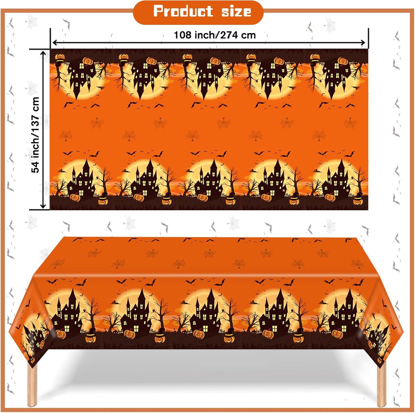 3 Packs Orange Halloween Tablecloth 54 X 108 Inches Scary Castle Ghost Pumpkin Table Cloth Disposable Waterproof Plastic Bat Spider Web Table Cover Trick or Treat for Halloween Party Dining