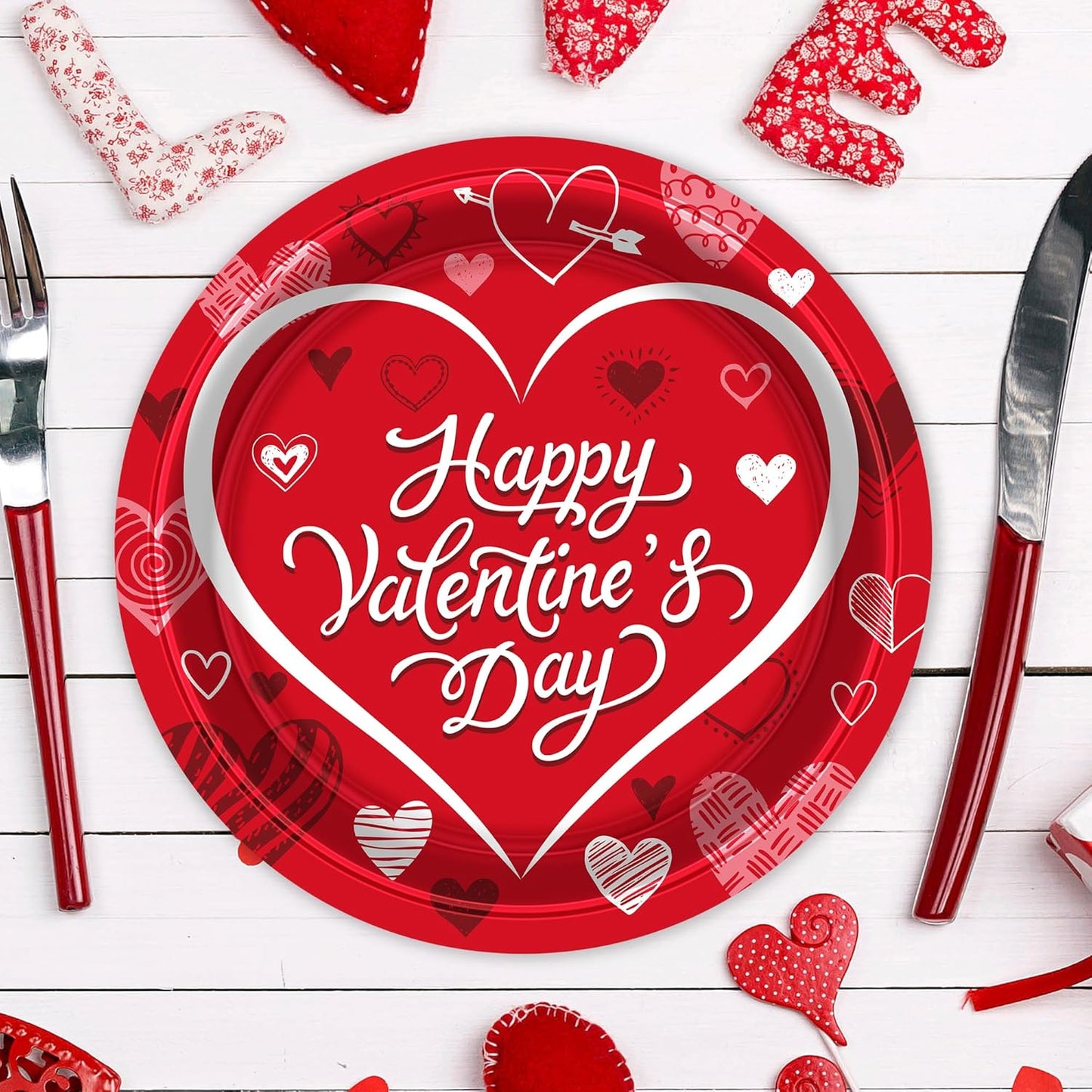 50 PCS Valentines Paper Plates, 9-Inch round Heart Plates, Happy Valentines Day Design Red Heart Plates Heart Disposable Plates, Heart Decorations for Party Wedding Birthday Anniversary