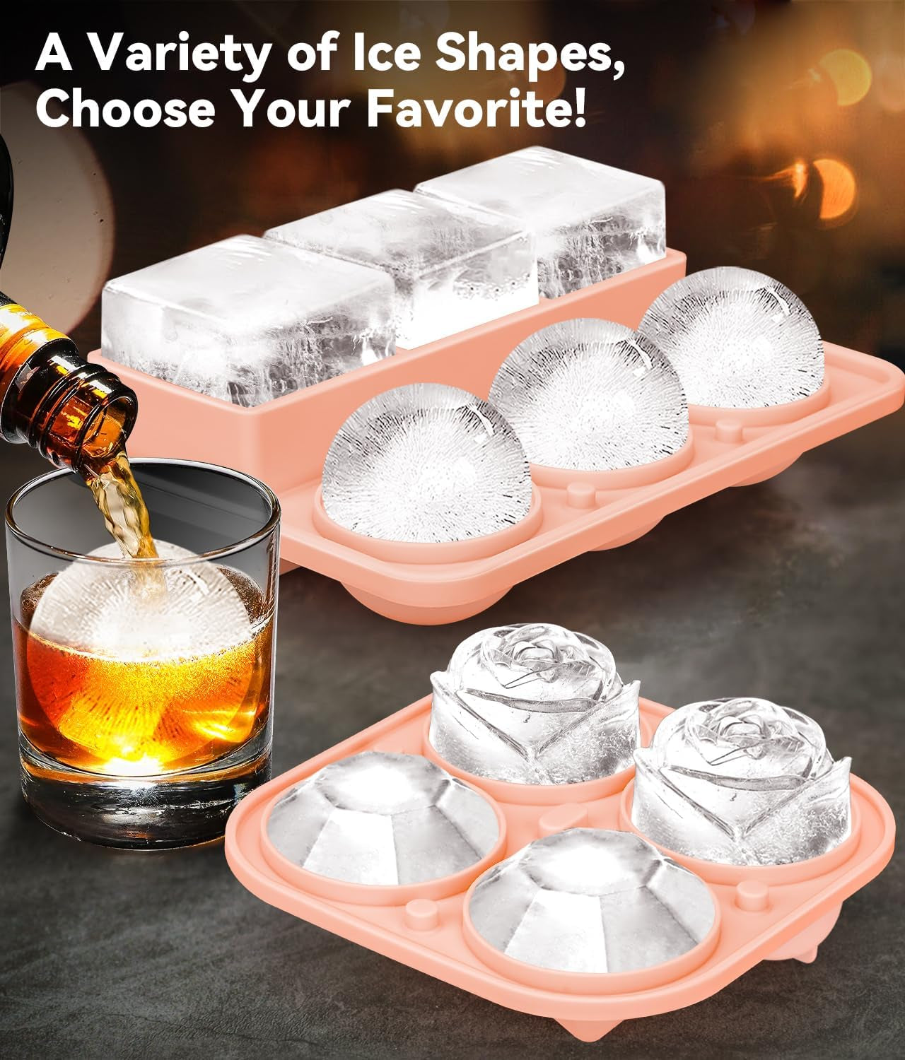 Ice Cube Tray with Lid, Silicone Ice Molds with Round, Square, Diamond, Rose, Large Ice Cube Mold for Whiskey, Bourbon, Cocktails, Easy Release BPA Free, Set of 2