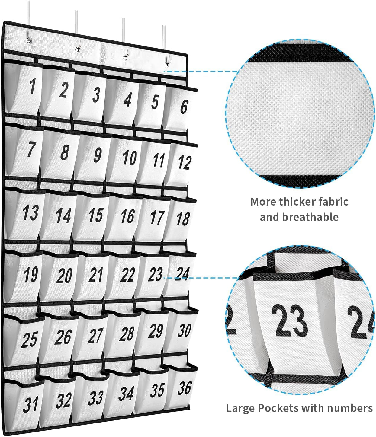36-Pocket Numbered Classroom Pocket Chart for Cell Phone and Calculator Storage with 4 Stainless Steel Hooks (White)