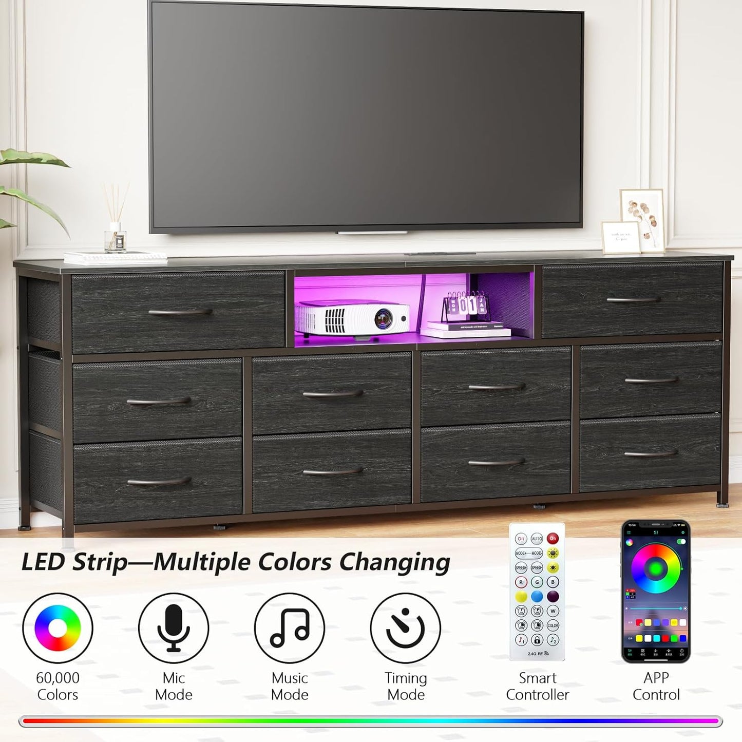 63-Inch Black Dresser and TV Stand for 65 to 75 Inch TVs, Featuring 10 Fabric Drawers, Power Outlet, and LED Lighting