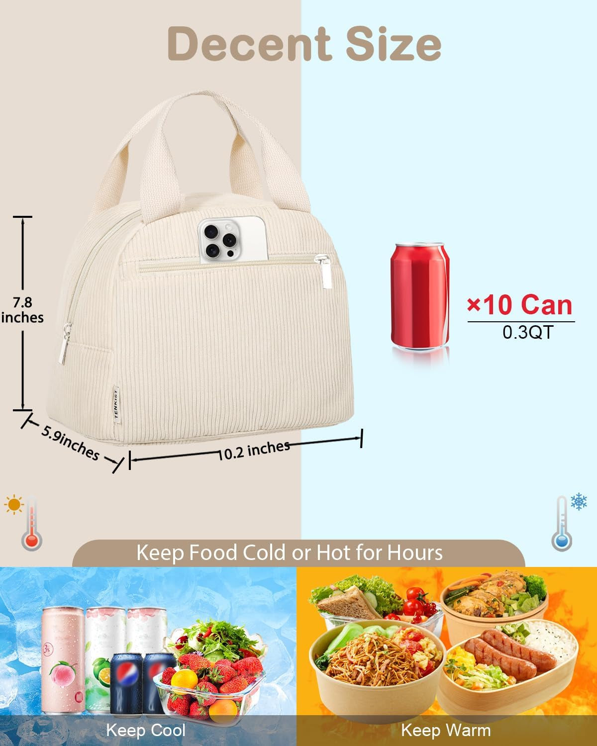 Cute Lunch Box Tote Bag - Corduroy Insulated Cooler Bags for Women - Lightweight Reusable Portable Soft Lunch Pail Kit for Kids Teen Girl Adults Work School Picnic Travel White 8L