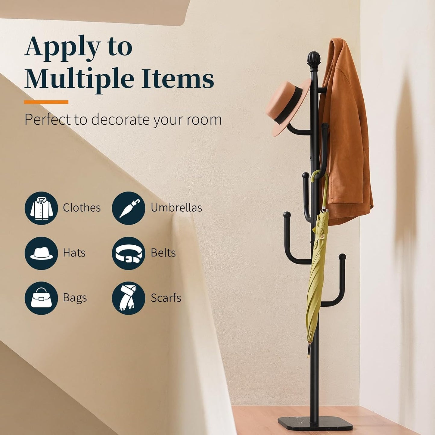 Coat Rack Freestanding with Natural Marble Base, Cactus Coat Tree with 6 L-Shaped Hooks, Heavy Duty Coat Hanger Stand, Metal Coat Rack Stand for Entryway, Hall Tree for Jacket/Hat/Clothes/Bag