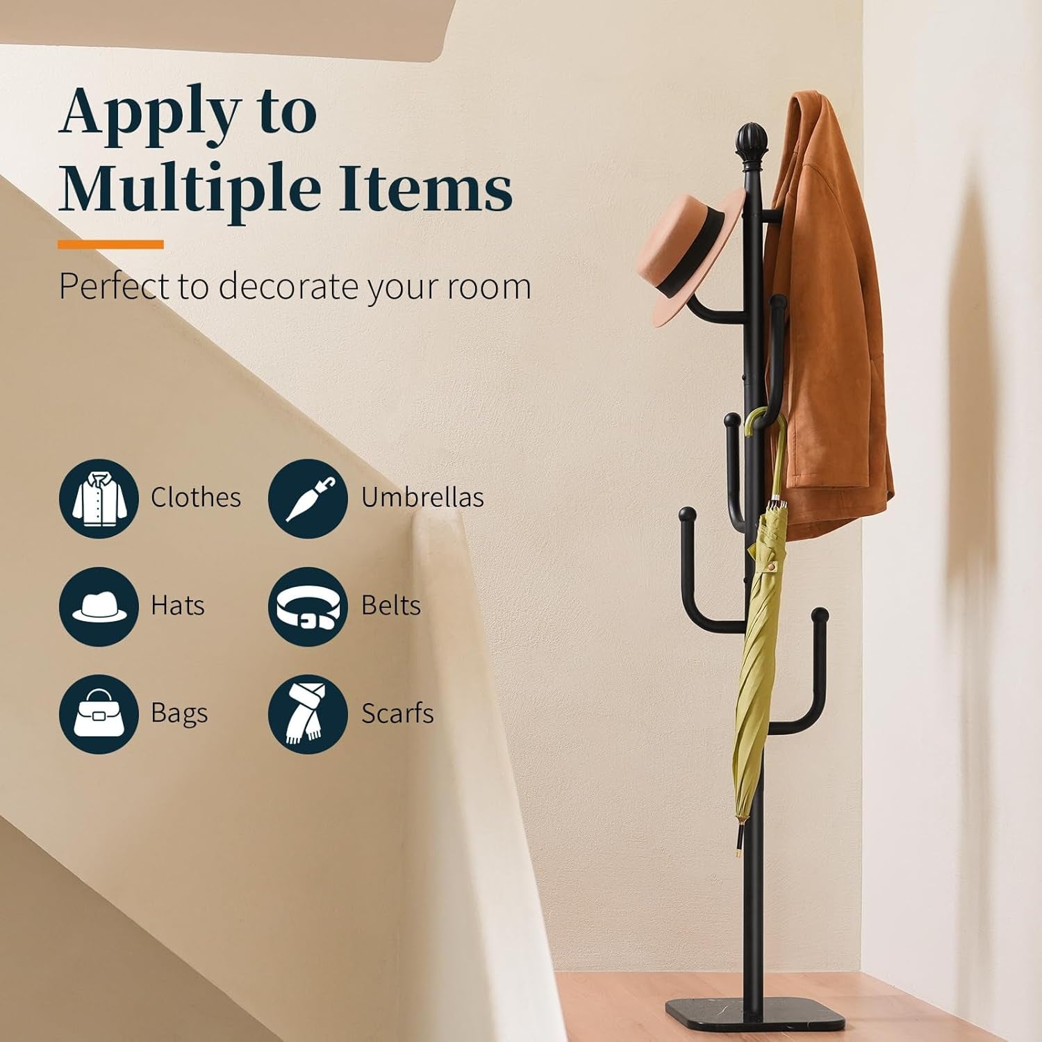 Coat Rack Freestanding with Natural Marble Base, Cactus Coat Tree with 6 L-Shaped Hooks, Heavy Duty Coat Hanger Stand, Metal Coat Rack Stand for Entryway, Hall Tree for Jacket/Hat/Clothes/Bag