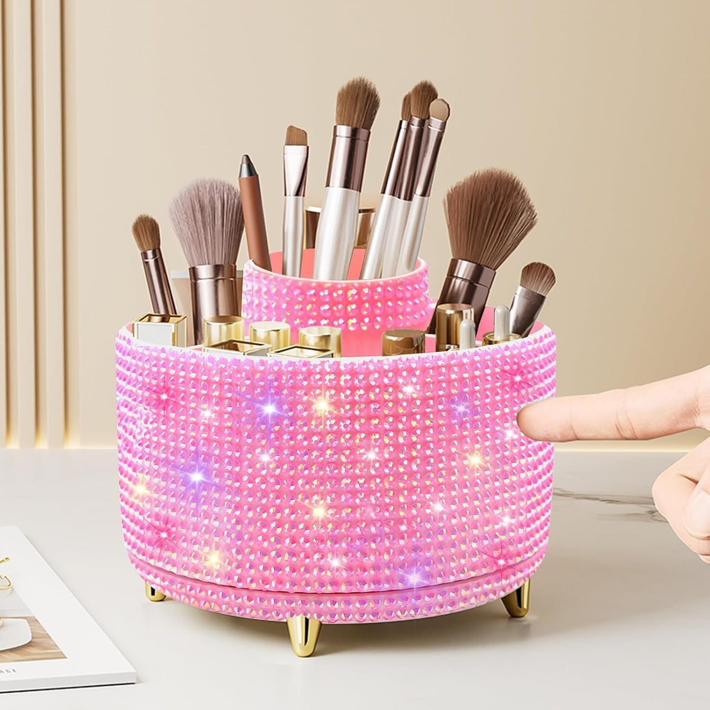 Bling Diamond 360° Makeup Brush Holder Organizer, Rotating Makeup Brush Organizer,5 Slot Make up Brushes Cup for Cosmetics, Vanity Desktop Organizer, Gift for Women Teen Girls- Diamond Pink