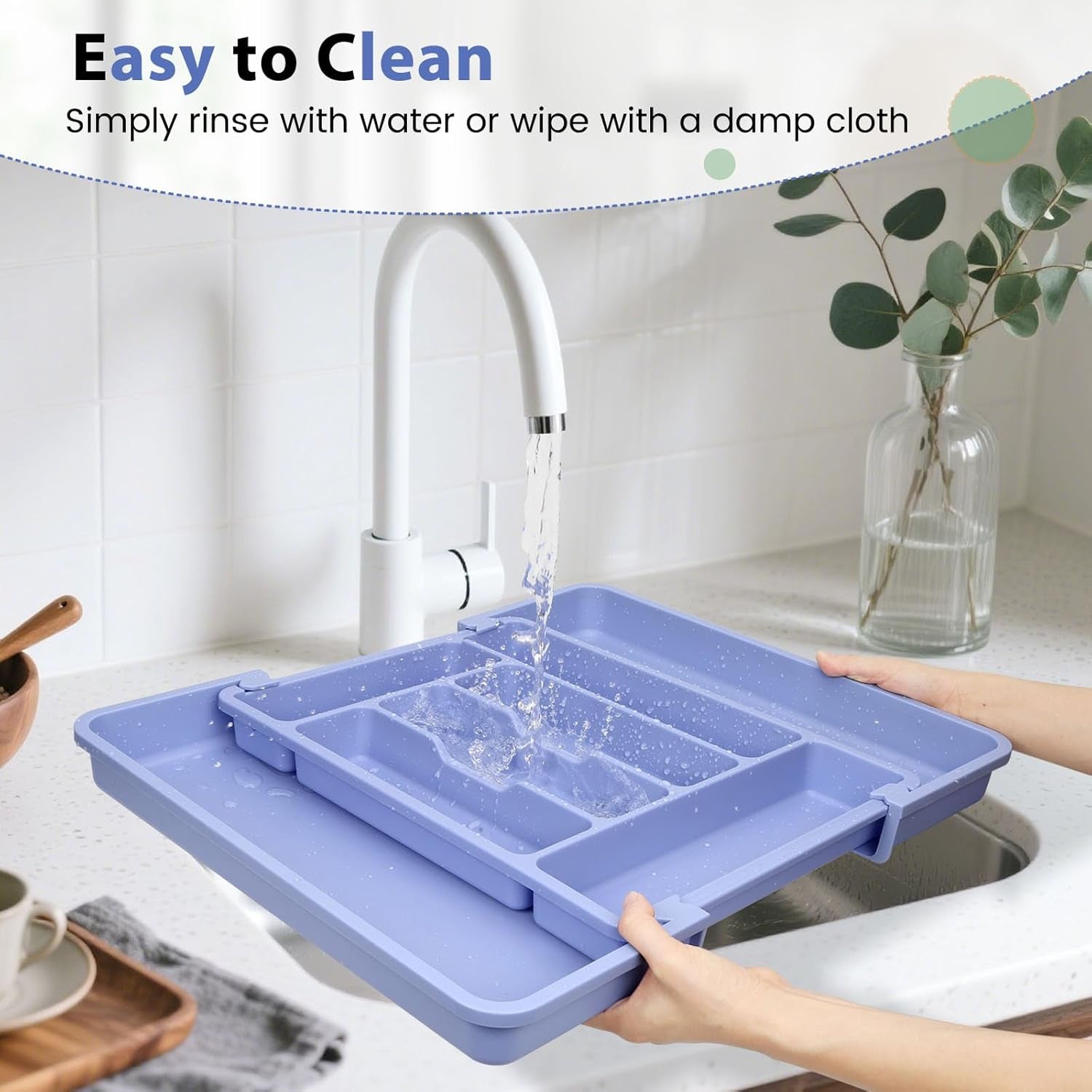 Expandable Large Silverware Organizer for Kitchen Drawers - BPA-Free Thick Plastic with Wider Compartments and Non-Skid Feet (Breezy Blue)