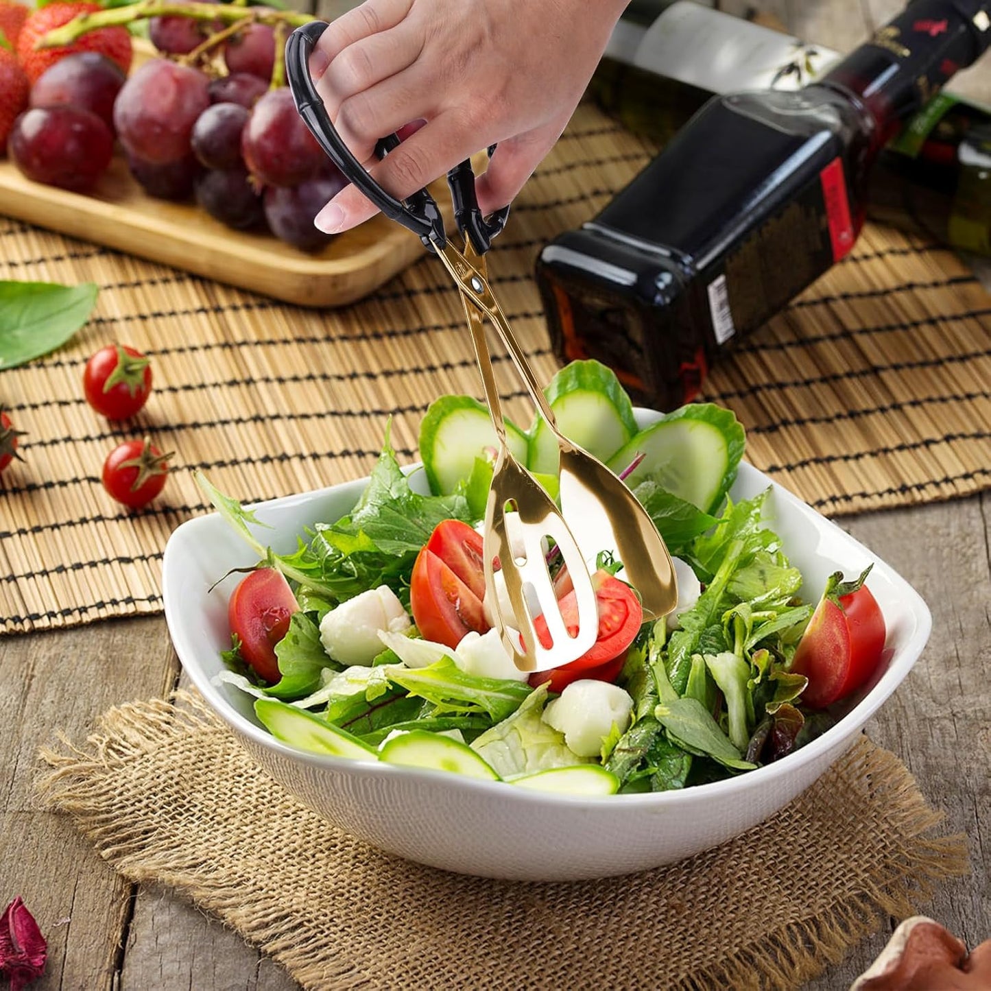 3-Pack Buffet Kitchen Tongs for Serving Food, 10 Inch Gold Stainless Steel Food Scissor Tongs with Non-Slip Handle, Catering Utensil for Bread Salad Cake Steak