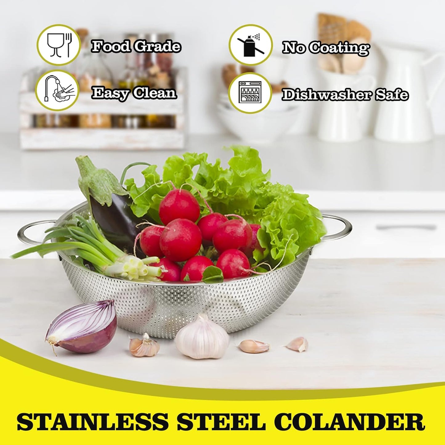 Stainless Steel Colander, Micro-Perforated Food Strainer with Handle for Washing Draining, Great for Pasta Fruits Vegetables, Dishwasher Safe & Healthy, 1 +3 Qt, 2Pcs