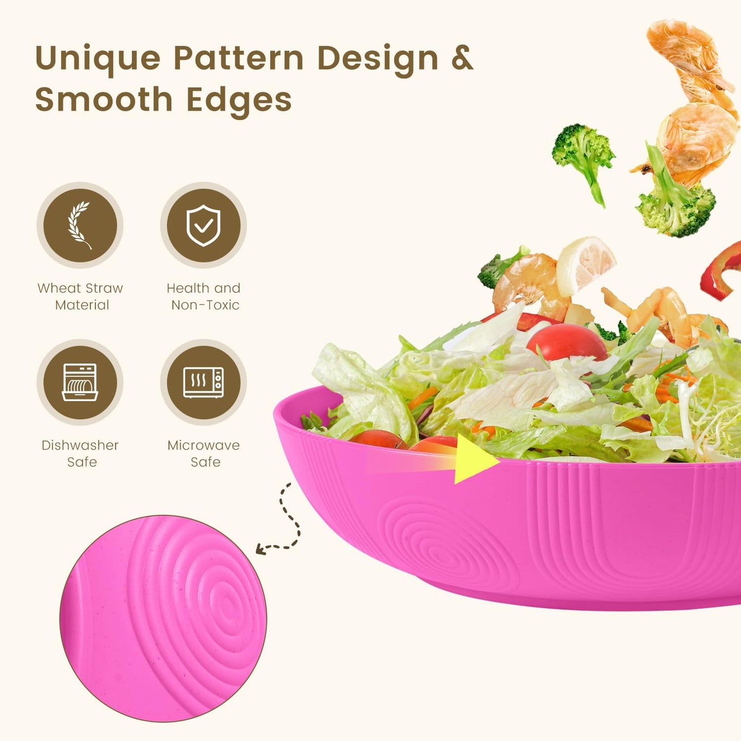 Wheat Straw Large Salad Bowls - 60 OZ Unbreakable Serving Bowls for Kitchen, Camping, and Parties - Microwave and Dishwasher Safe - Lightweight Pink Bowls for Fruits and Salads