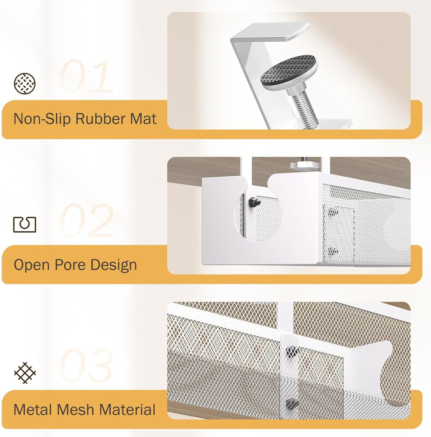 under Desk Cable Management Tray with 2 Open Holes - Metal Mesh Wire Management with F-Clamp, No Drill Cord Organizer, Home Office Cable Tray under Desk Storage & Accessories, 1 Pack, White