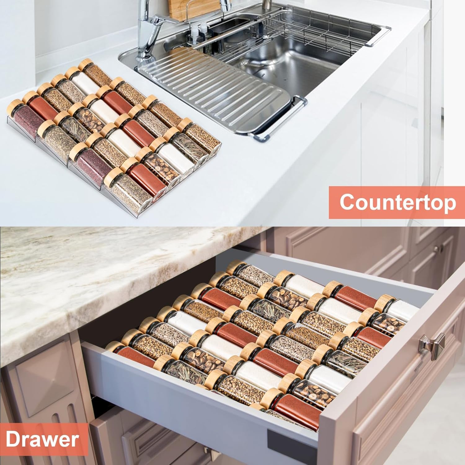 Acrylic Spice Drawer Organizer, 4 Tier- 4 Pack Clear Spice Rack Tray for Drawer/Countertop, Expandable from 11'' to 22'' Kitchen Seasoning Organizers(Jars Not Included)