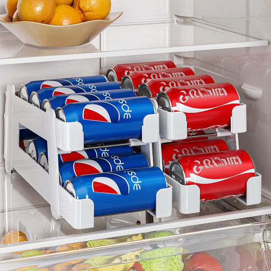 2 Pack Soda Can Organizer Dispenser for Refrigerator, Upgrade Features with Two Sizes of Metal Rods for Standard and Tall Can, Drink Organizer for Fridge, Pop Can Holders Storage