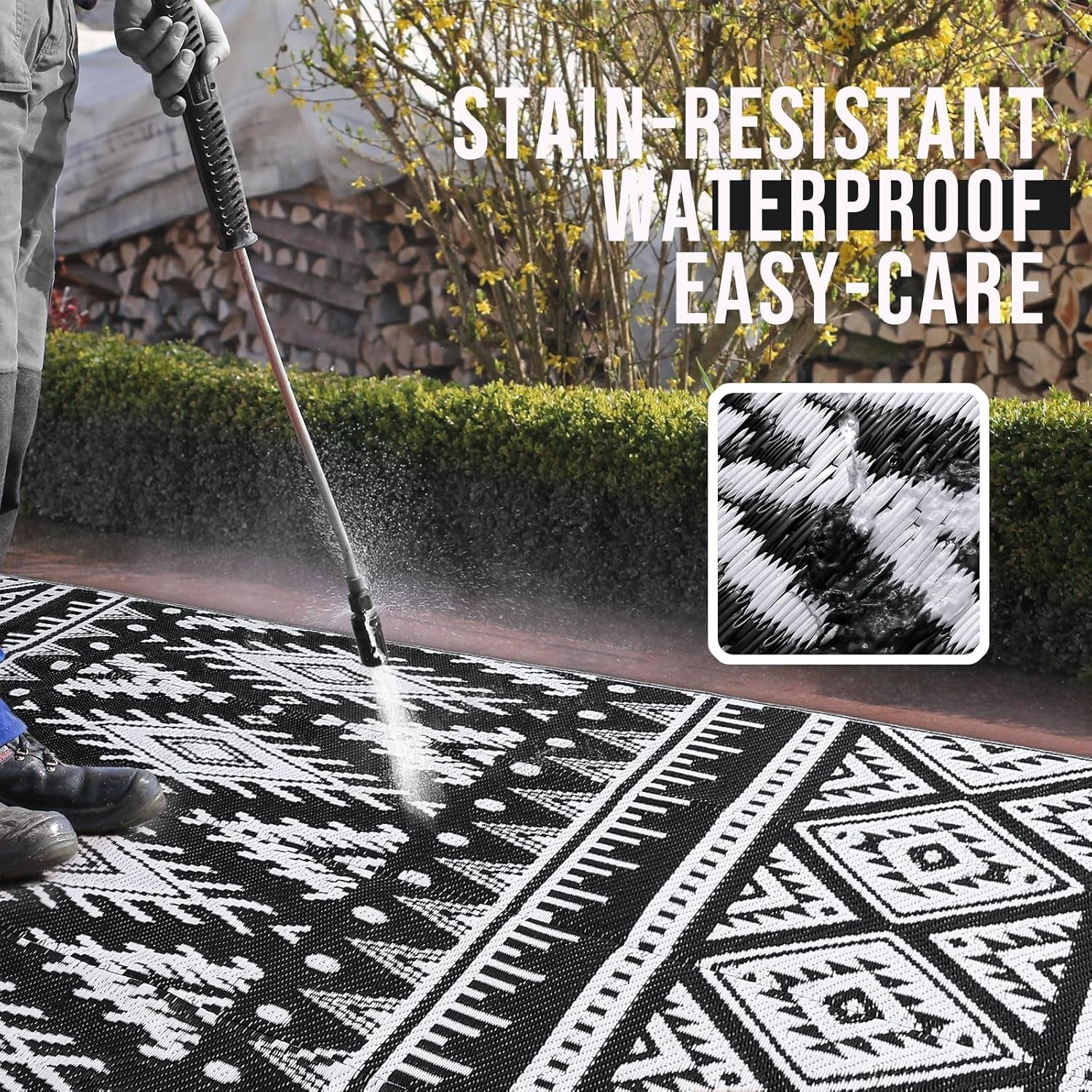Outdoor Rug Waterproof 5X8 Ft, Reversible Outdoor Plastic Straw Rug, Boho Patio Rug, Indoor Outdoor Carpet, RV Mat outside for Patio, Camp, Picnic, Balcony, Deck, Backyard, Black & White